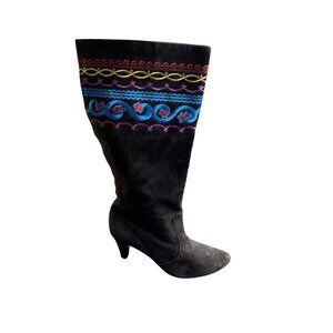 LouLou De La Falaise Women's Black Suede Embroidered Knee High Boots Size 10W